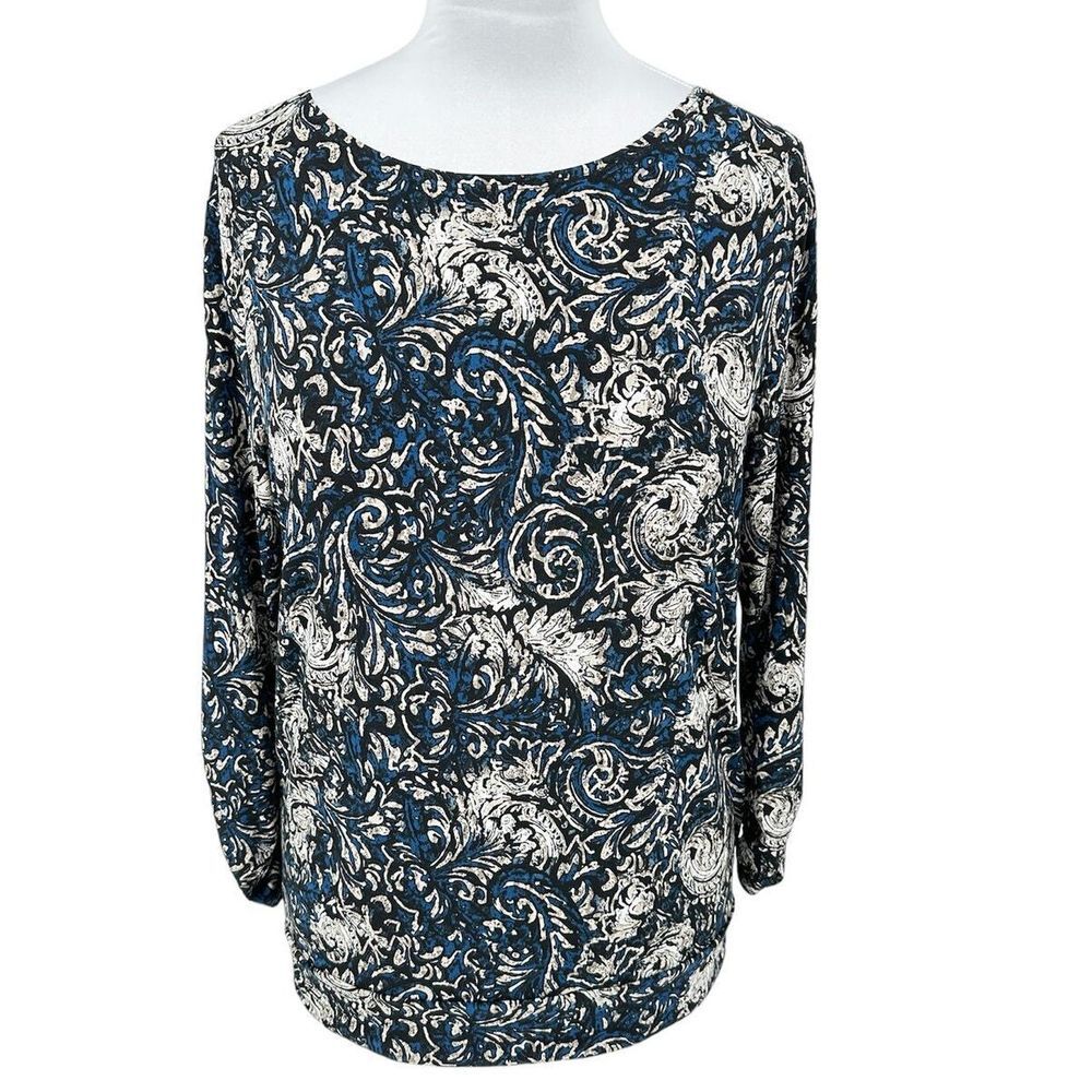 Chico's‎ Easywear Womens SZ 2/12/L Blue Tan White Paisley Print Banded Knit Top